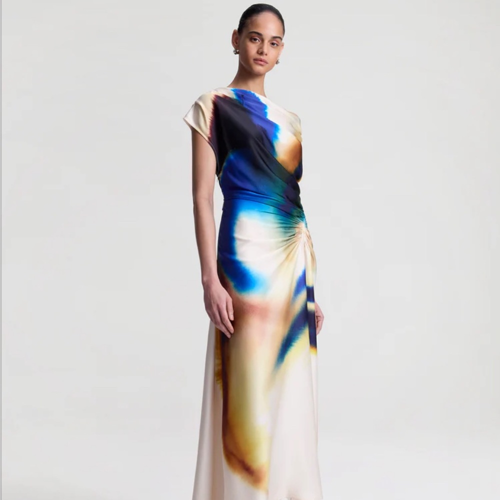 A.L.C. Penny Satin Midi Dress. In Blue and Cream - Picture 4 of 6